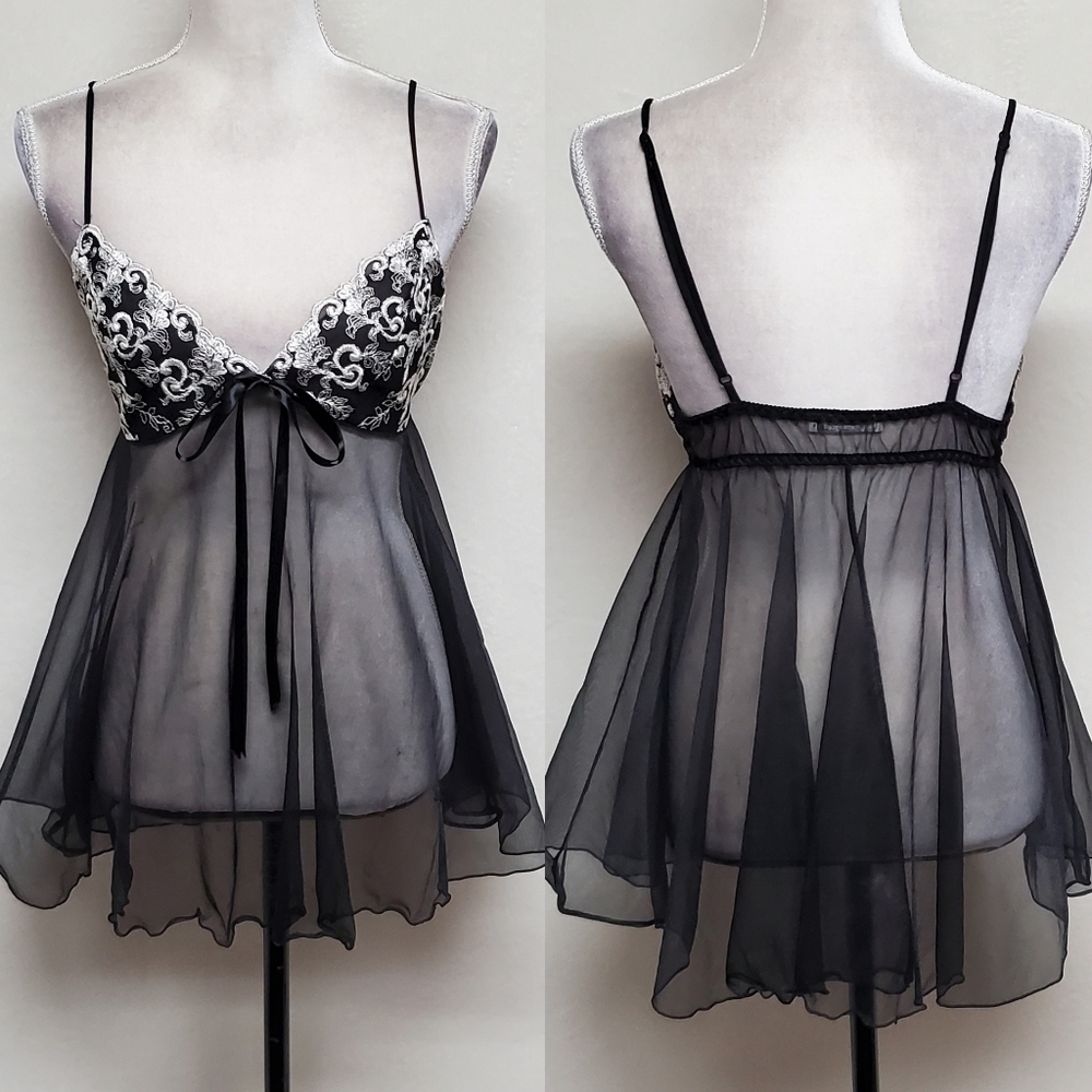 Vintage Seductive Wear Cinema Etoile Black Mesh White Floral Babydoll Chemise L